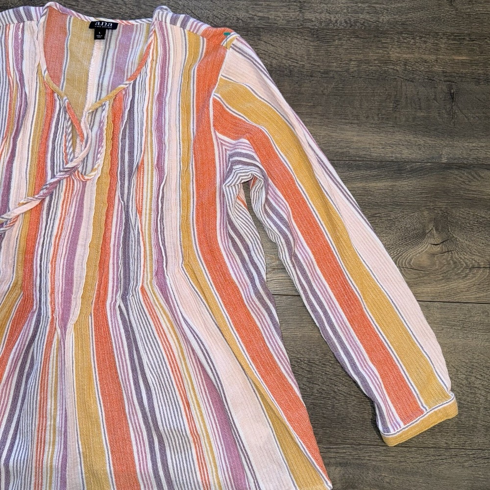 a.n.a Woman Large Shirt Rainbow Striped Tassels Pleated Long Sleeve Blouse Boho - Picture 3 of 14